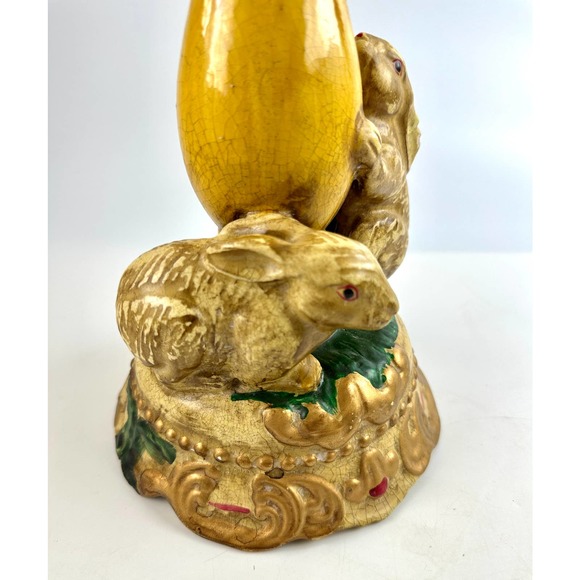 Vintage Bunny Rabbits Candle Stick Holder Rustic Whimsical Green Yellow Beige - Picture 6 of 10